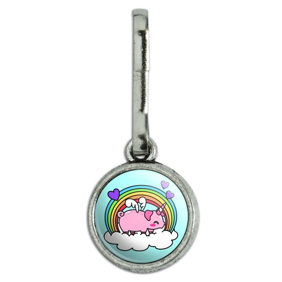 Cute Unicorn Pig with Rainbow Antiqued Charm Clothes Purse Suitcase Backpack Zipper Pull Aid