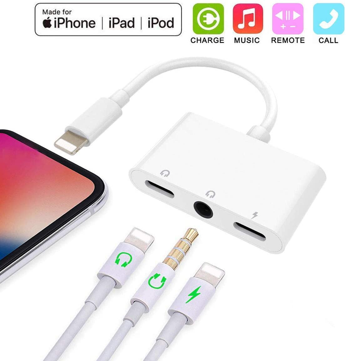 3 in 1 Lighting to 3.5mm Headphone Jack Adapter,AUX Dual Audio Adapter