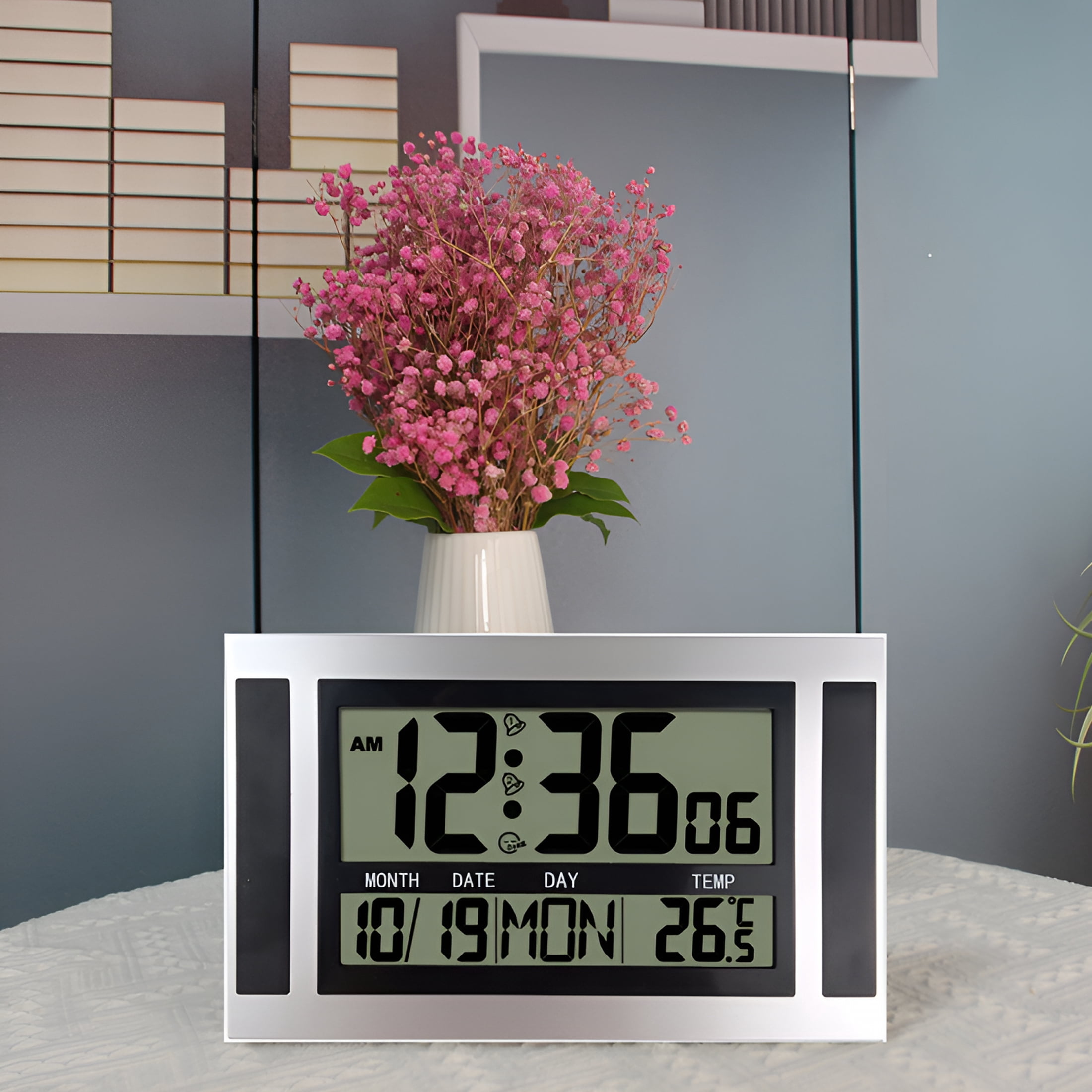 DESIGNICE 2026 New Digital Wall Clock Lcd Large Number Time Temperature Calendar Alarm Table Desk Modern Design Office Home,Large Digital Wall Clock ,Silver