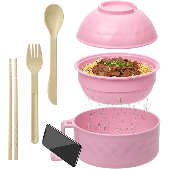 AWINQQY Microwave Ramen Bowl with Lid, Ramen Noodles Bowl Set with Chopsticks, Spoon and Fork, College Dorm Room Essentials for Girls for Boys, Portable Noodle Bowls(Pink)