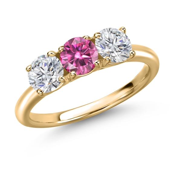 Gem Stone King 10K Yellow Gold Pink Moissanite and Lab Grown Diamond Engagement Ring for Women | 1.50 Cttw | Round 5MM | Gemstone Birthstone | Size 7