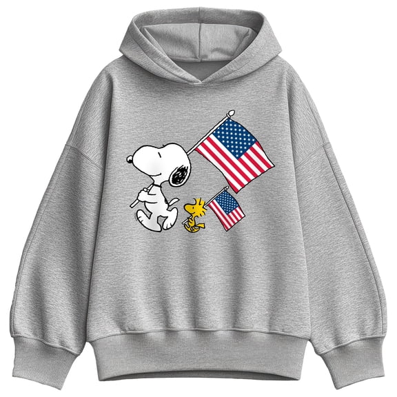 Peanuts - Snoopy & Woodstock USA Flags Oversized Fleece Hoodie Sweatshirt