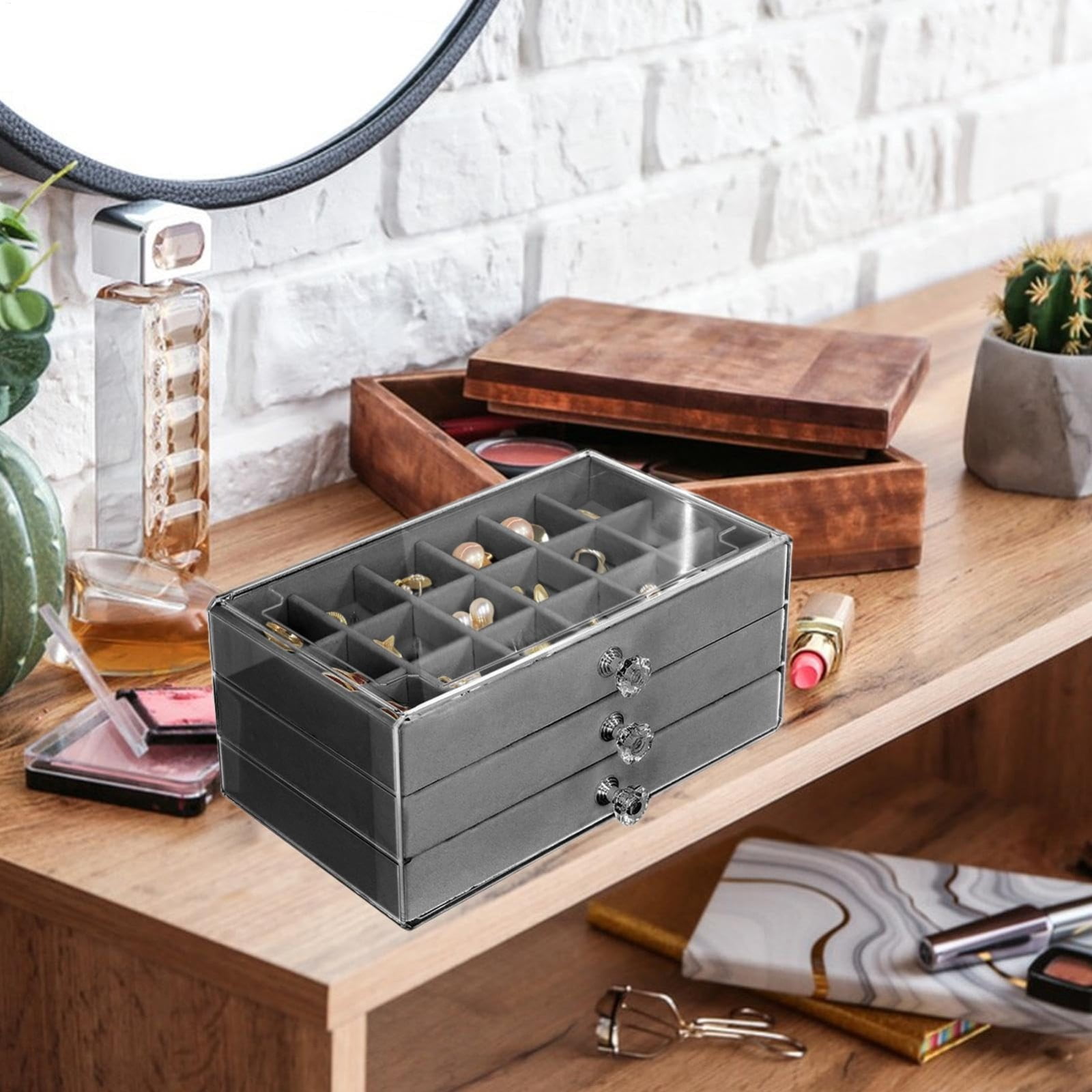 Jewelry Box for Necklaces 3-Layer Flannel Drawer Earring Ring Organizer 20x15x10cm/7.9x5.9x3.9 Inches, Meticulous Classification Elegant Storage