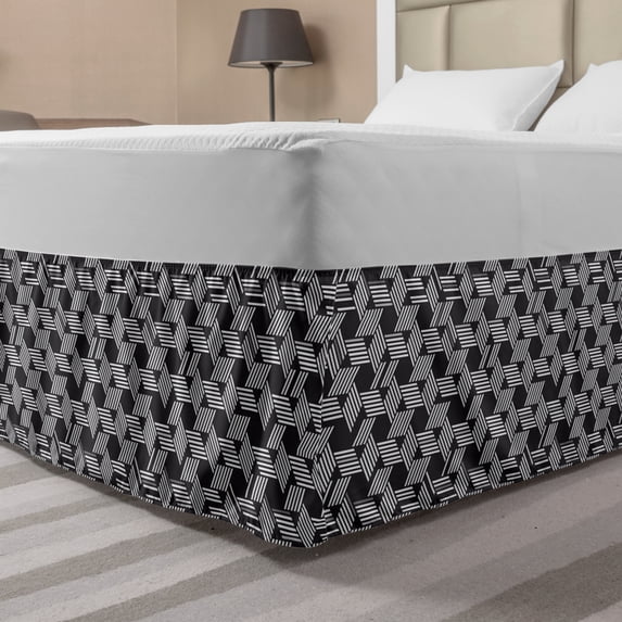 Grey Bed Skirt, Abstract Art with Stripes and Hexagons Geometrical Irregular Design Illustration, Elastic Bedskirt Dust Ruffle Wrap Around for Bedding Decor, 4 Sizes, Dark Grey White, by Ambesonne
