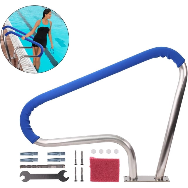 Pool Handrail, 39"L x 32"H Stainless Steel Pool Railing 250Lbs Load Capacity Inground Pool Rails with Blue Nylon Grip Cover Quick Mount Base Plate & Accessory