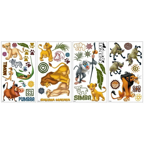 RMK1921SCS The Lion King Peel and Stick Wall Decals, Decals range in size from 1.25" wide x 1.25" high to .75" wide x 11.75" high By RoomMates