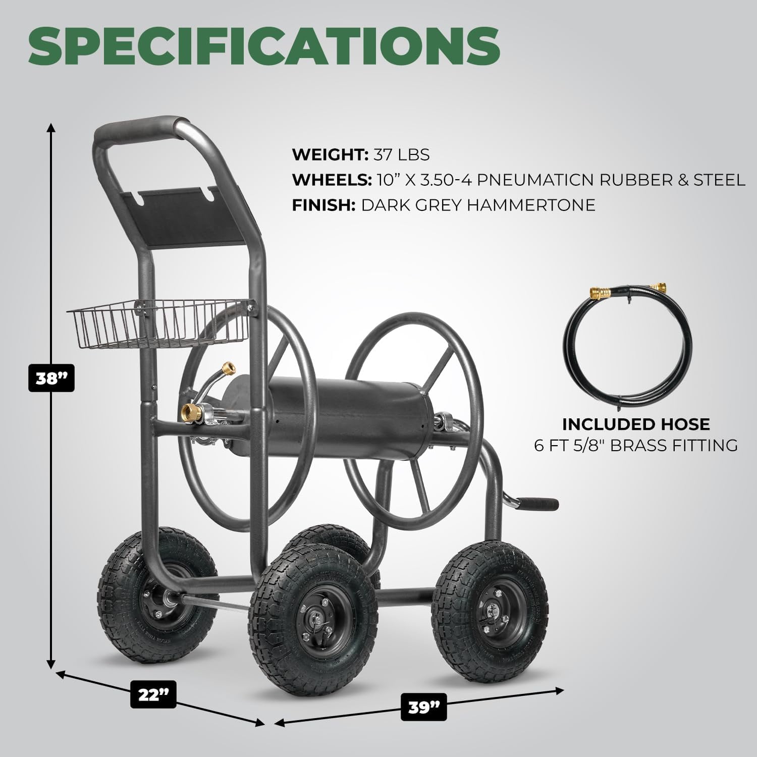 Xtremepower US Hose Reel Cart, Hose Cart with Wheels Heavy Duty, Industrial Hose Reels for Outside, 300-Feet of 5/8" Hose Capacity
