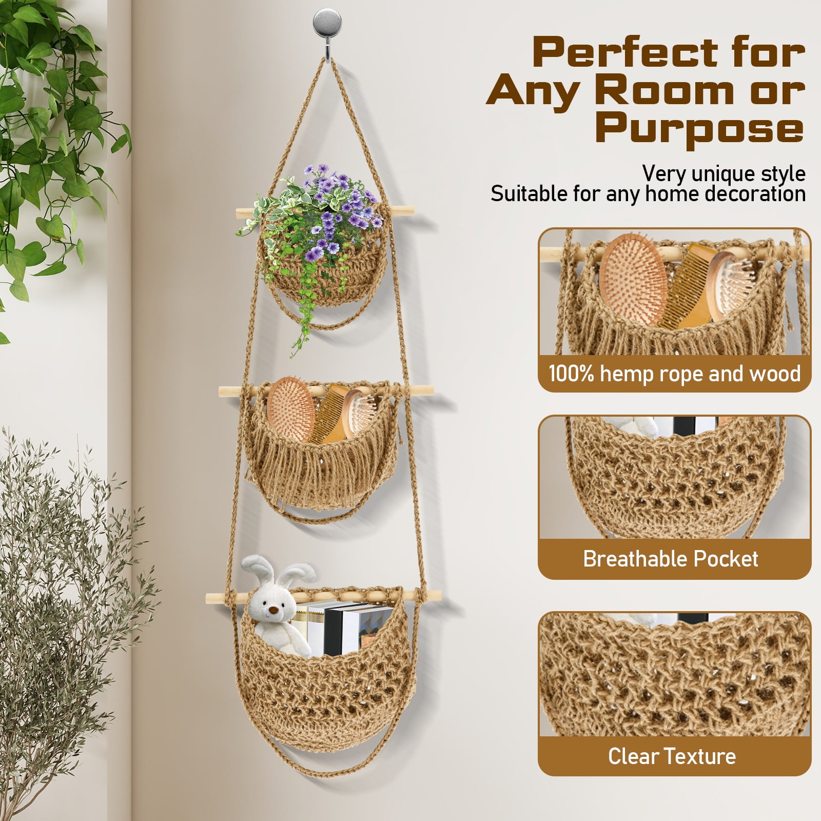 NUAHRHY 3 Tier Hanging Fruit Basket Wall Mounted Vegetable Storage Holder, Over The Door Organizer Bag Woven Jute Boho Wall Decor, Hanging Produce Basket for Entrance Kitchen Dorm RV Home Bedroom