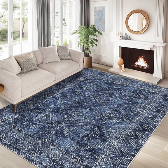 Garvee Area Rug 9'x12' Washable Vintage Geometric Rug Non-Shedding Stain-Resistant Accent Rugs Home Decor, Blue