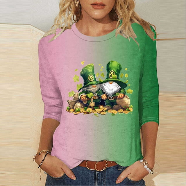 Meichang Blouses à Manches 3/4 pour Femmes Chemises de la Saint-Patrick Imprimé Trèfle Vert T-Shirts Cadeaux Décontractés T-Shirts Col Rond Tops Blouses Liquidation de Printemps