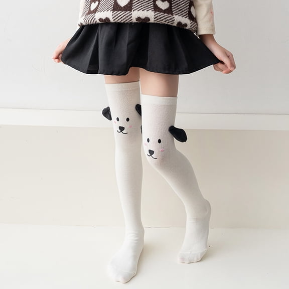 Spazoro Girls Over‑the‑Knee Socks, Stretchy Soft Dog Print Warm Non‑Slip Cuff 100% Cotton Cute Thigh High Socks for Daily Dress Matching White