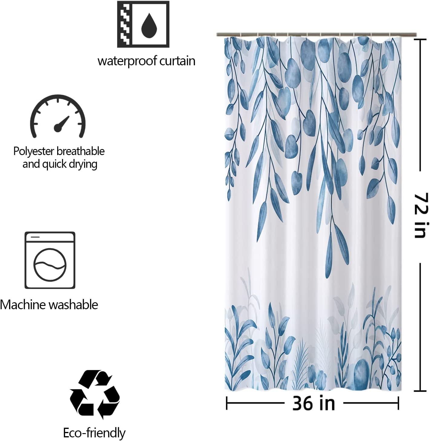 Stall RV Shower Curtain Set, 36Wx72HInch Narrow Fabric Blue White Eucalyptus Leaf Shower Curtains, Soft Waterproof Polyester Bathroom Curtains with Hooks