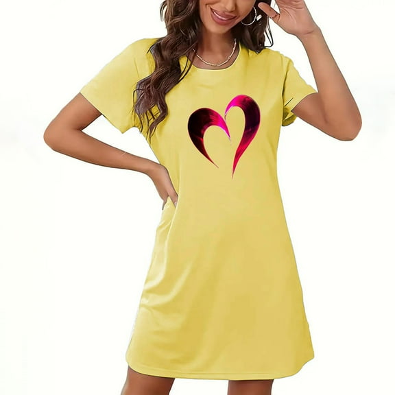 Xysaqa Nightgowns for Women Soft Comfy Sleep Shirts Short Sleeve Sleepwear Womens Night Gown Loose Casual Nightshirt Heart Print Pajama Dress Summer Savings Yellow XL