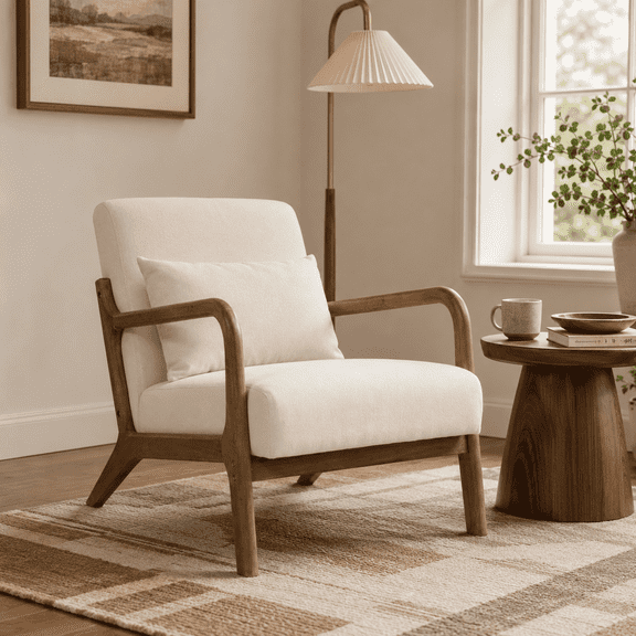 Mid-Century Modern Accent Chair with Solid Wood Frame and Lumbar Pillow, Antique White
