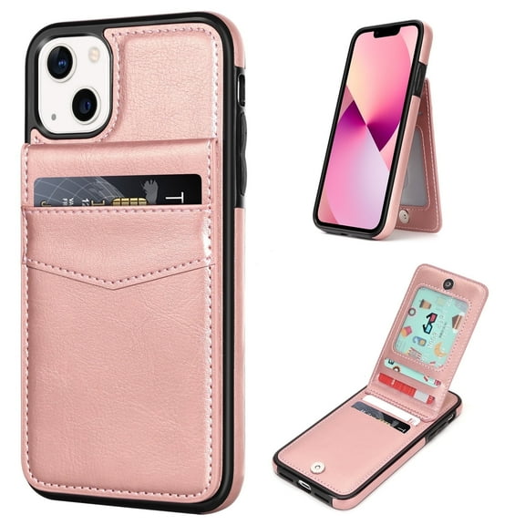 VENINGO Wallet Case for iPhone 13 & iPhone 14 with Card Holder Slots PU Leather Kickstand Magnetic Lock Lightweight Shockproof Full Body Protective Cover for iPhone 13 & iPhone 14, Rose Gold