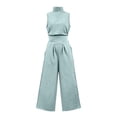 thumbnail image 6 of LEKWK Linen Sets for Women 2 Piece High Neck Sleeveless Cinched Tops and High Waisted Wide Leg Pants with Pockets Summer Casual Loose Solid Outfits, 6 of 8