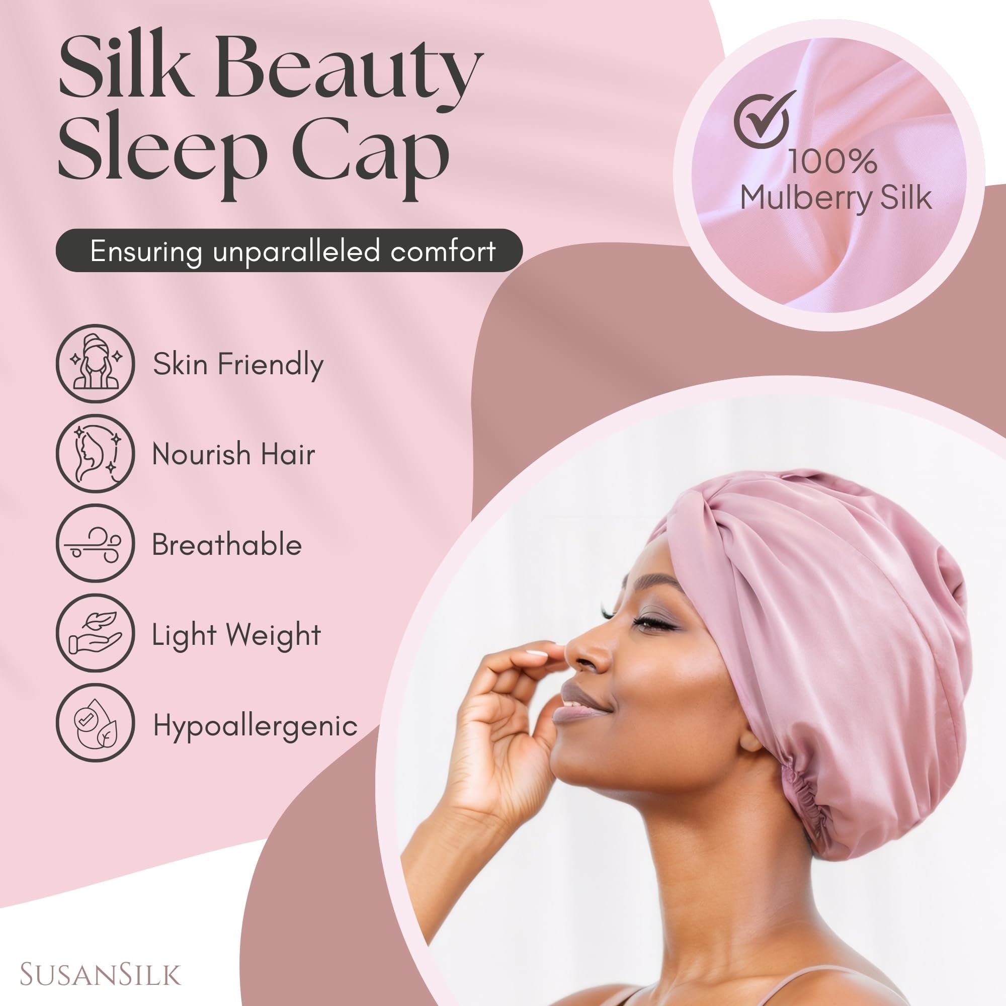SusanSilk Premium Double-Layered Mulberry Silk Bonnet Cap, 19 Momme, Twist Flower Design