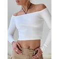 thumbnail image 2 of Biekopu Women T-shirt Long Sleeve Off-shoulder Tops Backless Solid Slim Fit Ladies Crop Top, 2 of 7