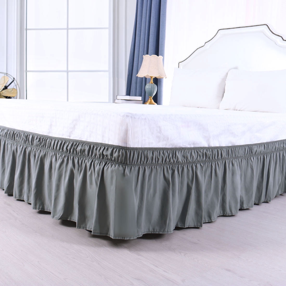 Unique Bargains Elastic Dust Ruffled Bed Skirt with 15" Drop Gray Queen