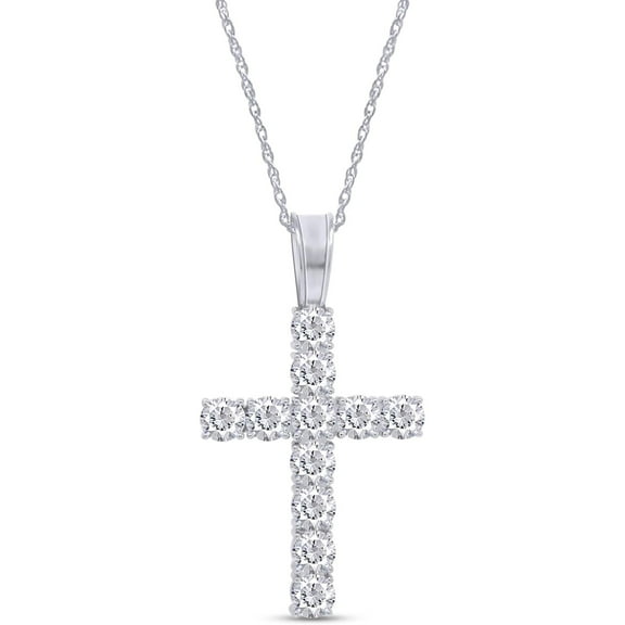 JewelsYard Cross Pendant Necklace Christmas Gift for Women In Real 925 Sterling Silver 14K White Gold Finish Round Cut White Diamond