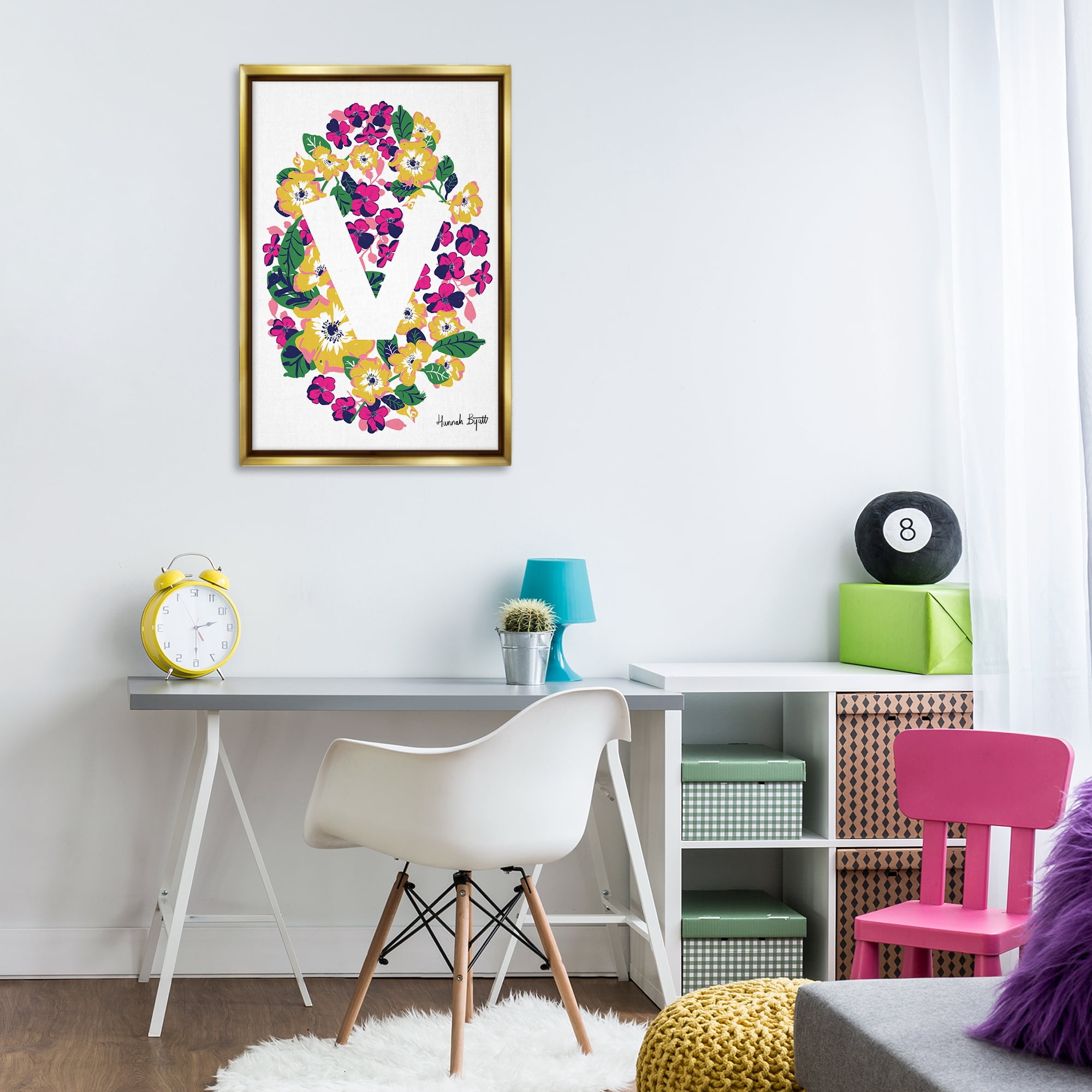 Stupell Industries Floral Bloom Letter V Botanical & Floral Painting Gold Floater Framed Art Print Wall Art, 21 x 31