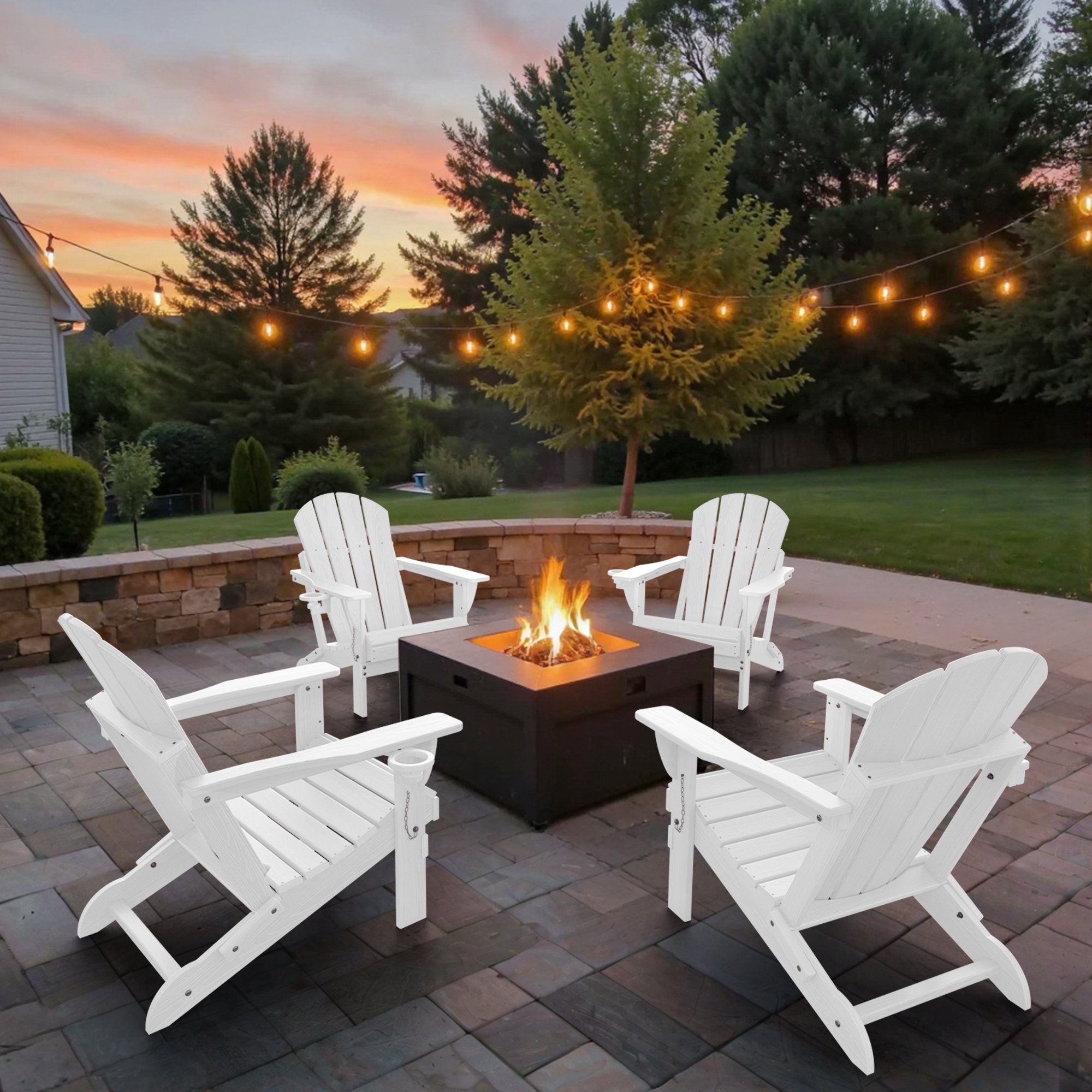 Ciokea Wood Adirondack Chairs Set of 2 Outdoor Folding Patio Chairs Fire Pit with Cup Holder Porch Garden White