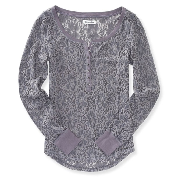 Camiseta henley de encaje Floral transparente Aeropostale para mujer gris grande