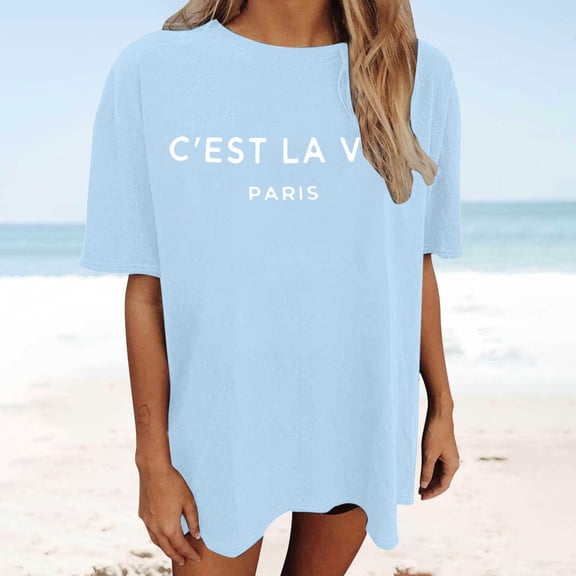 Women Oversized Tshirt Casual Short Sleeve Graphic Print Loose Crew Neck Tee Womens Summer Tops Light Blue L