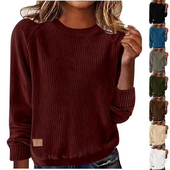 Womens Casual Corduroy Sweatshirts Solid Color Long Sleeve Crewneck Pullover Casual Loose Spring Fall Tops Outfits