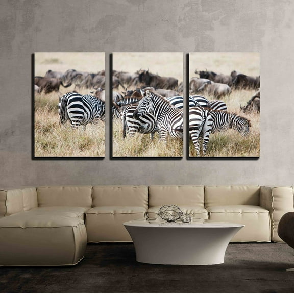 wall26 3 Piece Canvas Wall Art - Herd of Wildebeest and Zebra Grazing Together on Grasslands of African Savanna - Modern Home Art Stretched and Framed Ready to Hang - 16"x24"x3 Panels