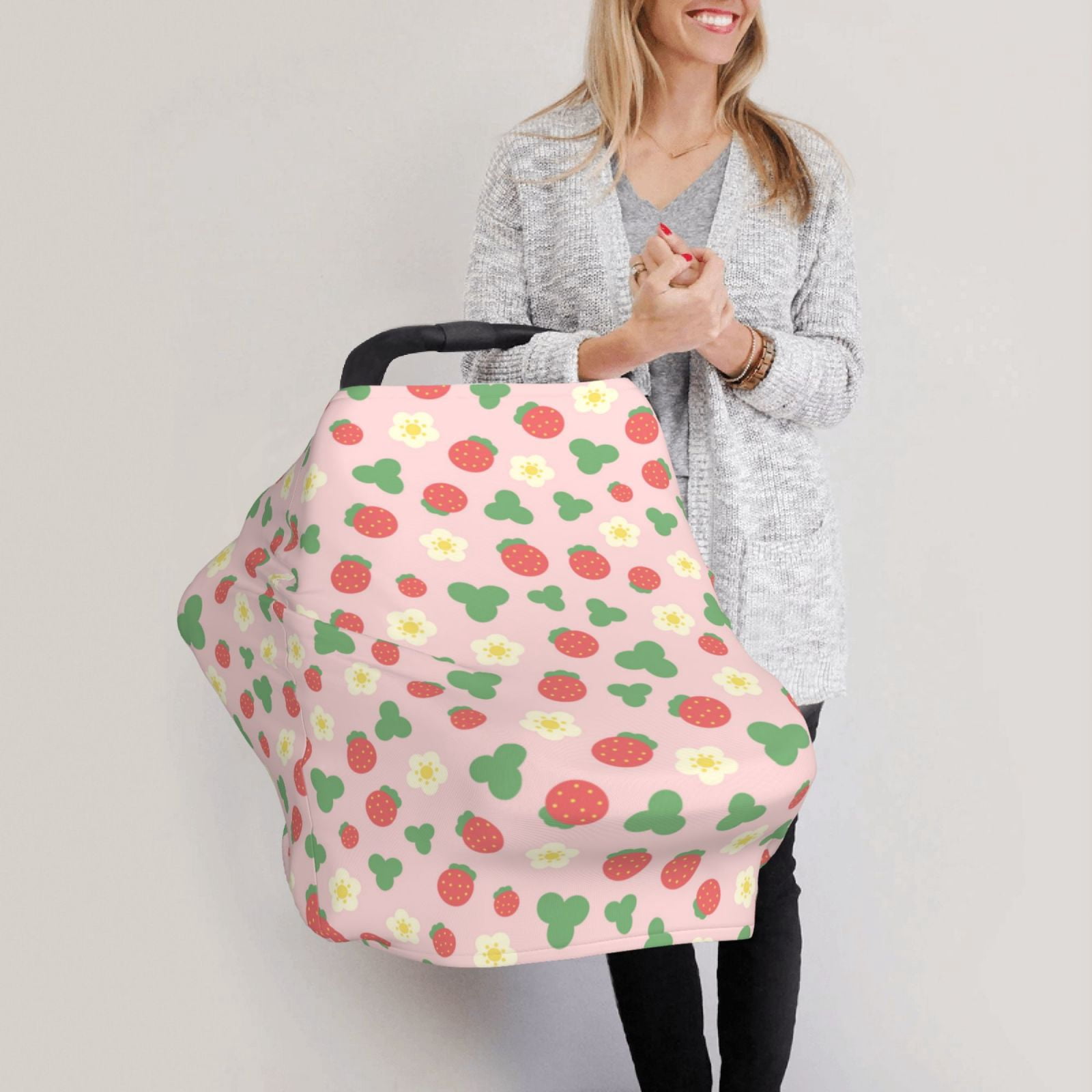 Fotbe Strawberry And Flowers Pattern Car Seat Covers for Babies, Nursing Breastfeeding Cover Infant Carseat Canopy, Soft Stretchy Carrier Cover