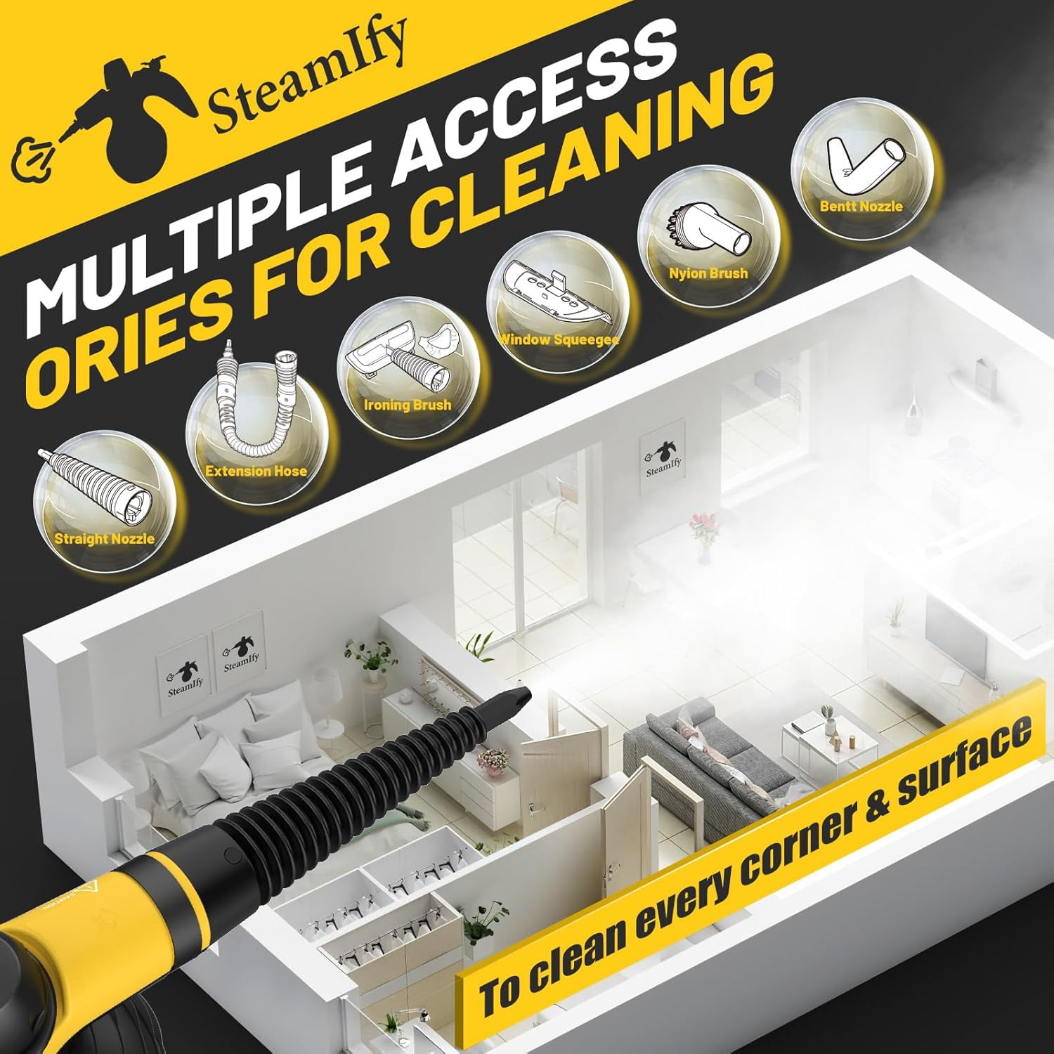 Pressurized Handheld Steam Cleaner With 10pcs Accessories & Safety Loc