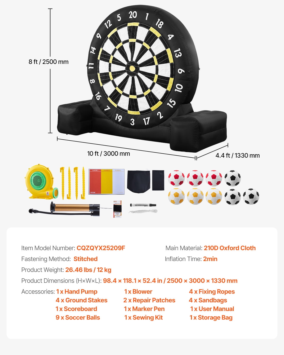 VEVOR Inflatable Soccer Dart Board, over 8 ft High Giant Soccer Dart Board with 9 Kick Balls & Air Pump, 2-Minutes Setup & Storage Bag for Easy Carrying, for Giant Yard Games, Giant Kick Darts Game