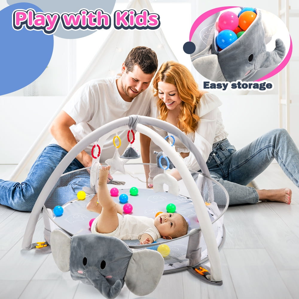 JoyStone 5-in-1 Elephant Baby Gym Play Mat with 30 Balls, Tummy Time Toys, Sensory Mat for Infants 0-12 Months