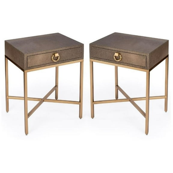 Home Square Modern 1-Drawer Leather End Table in Gold - Set of 2