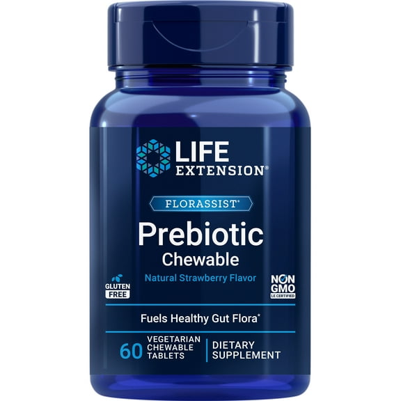 Life Extension FLORASSIST Prebiotic Chewable (Strawberry), 1000 mg, prebiotic supplement provides fuel for gut flora, gluten-free, non-GMO, vegetarian, 60 chewable tablets