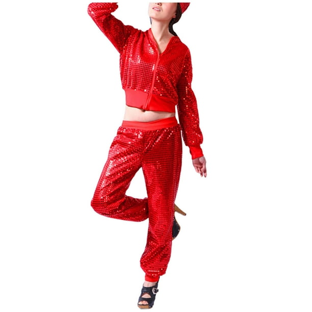 WILLBEST Pantalones Casuales Para Mujer Con Lentejuelas Brillantes, Trajes de Baile Callejero, Ropa de Hip Hop, Baile de Jazz, Blusa Con Cremallera Completa, Conjunto de Pantalones Harén Para Niñas