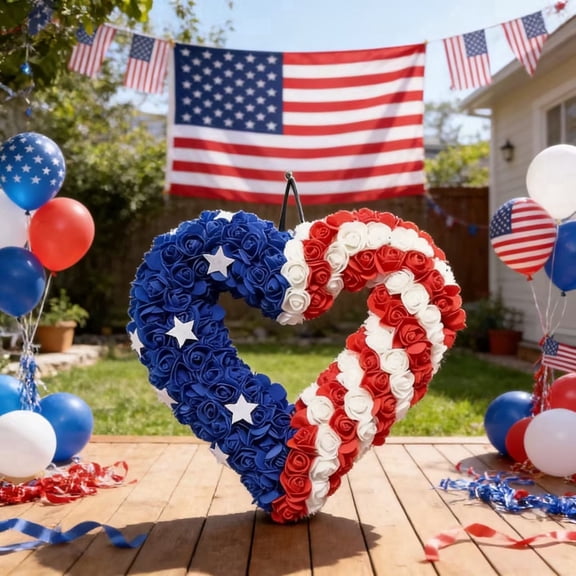AZXY 13.78 Inch Heart Shaped 4th of July Patriotic Wreath, Red White Blue Artificial Rose Wreath with White Stars, Americana Decor for Independence Day Memorial Day Front Door Indoor Outdoor