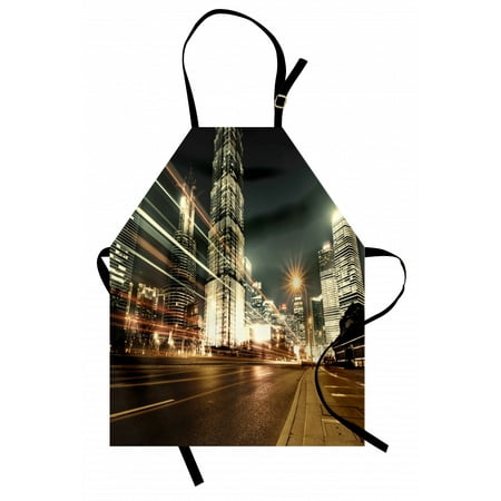 

City Apron Shanghai Lujiazui Finance and Trade Zone of the Modern City Nighttime View Unisex Kitchen Bib Apron with Adjustable Neck for Cooking Baking Gardening Bronze Black White by Ambesonne