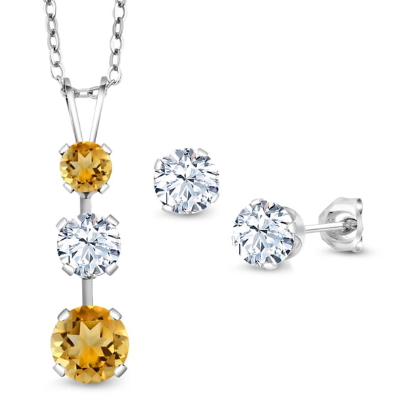 Gem Stone King 925 Sterling Silver Yellow Citrine and White Zirconia Pendant and Earrings Jewelry Set for Women (3.31 Cttw, Gemstone November Birthstone, with 18 inch Chain)