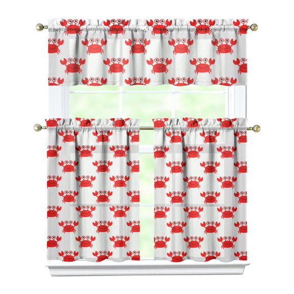 Kitchen Curtains 36 Inch Short - 3 Panel Set, Crab Sea Life Theme, Rod Pocket Window Curtain, 100% Polyester for Tropical Farmhouse Kitchen, Nautical Decor, Easy Wash