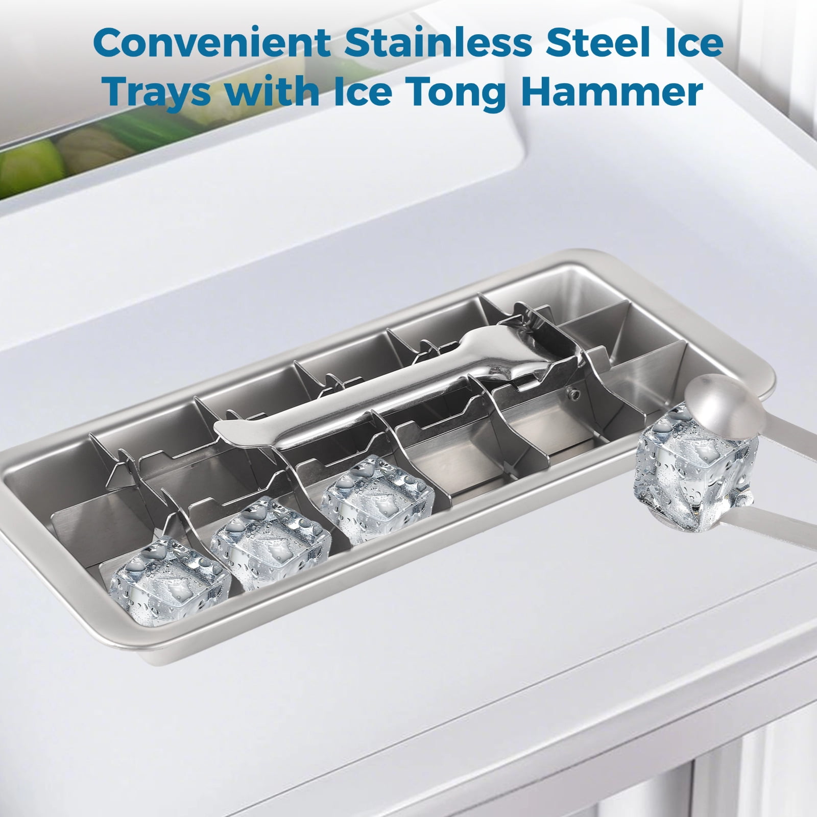 2 PCS Ice Cube Trays Set with Ice Tongs and Hammers, Quick Release Ice Trays with Handle, Stainless Steel Ice Trays for Freezer, Quality Metal Ice Mold for Home Kitchen