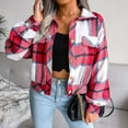 thumbnail image 3 of Defitshape Women's Long Sleeve Plaid Shirt Jacket Soft Flannel Fall Crop Top Vintage Fashion Casual Loose Short Button Down Shacket Red Small, 3 of 5