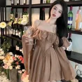 thumbnail image 1 of Spring 2024 New Pure Lust Style Coffee Color Light Hot Girl Bell Sleeve Slash Shoulder High Waist Long Sleeve Dresses FJH, 1 of 6