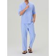 thumbnail image 4 of FOCUSNORM Men's Summer Outfits Solid Color V-Neck Half Sleeve Tops with Drawstring Long Pants Cotton Linen Set, 4 of 9