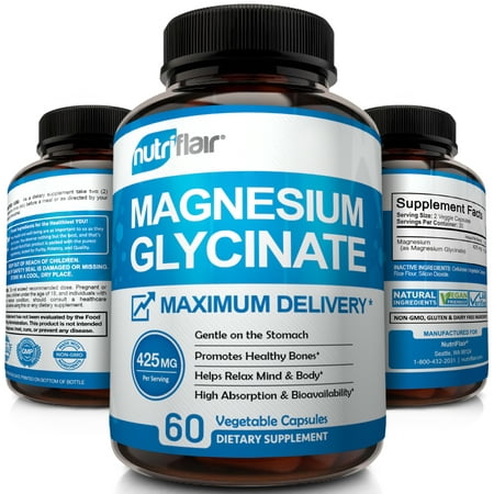 NutriFlair Magnesium Glycinate Supplement 425mg - High Potency and Absorption | Advanced Complex Promotes Calm Mind, Stress Relief, Sleep, and Relaxed Body | Maximum Delivery, 60 Vegetable