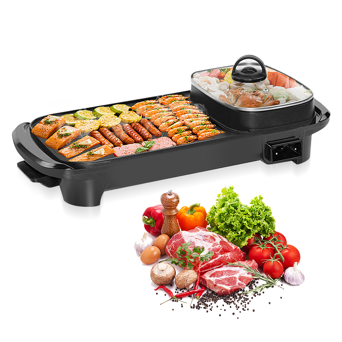 Electric Grills,2 in 1 Electric Hot Pot and Grill Household Non-Stick Hot Pot and BBQ Grill with Glass Lid 1350W Adjustable Barbecue Grill Plate with Hot Pot Round Cook Frying Plate for Home Kitchen