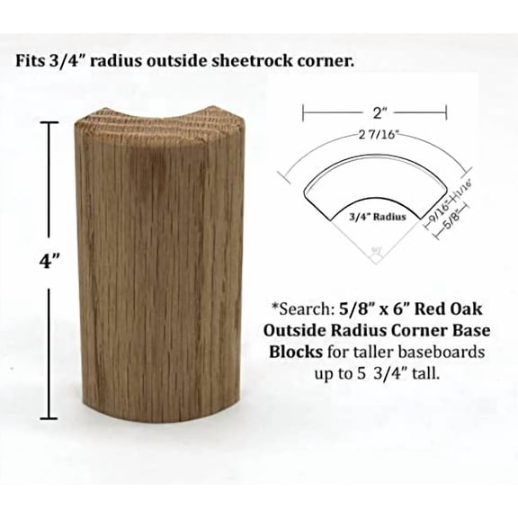 5/8" x 2" x 4" Red Oak Outside Radius Corner Base Block, Trim Molding for Thin Baseboard (4)