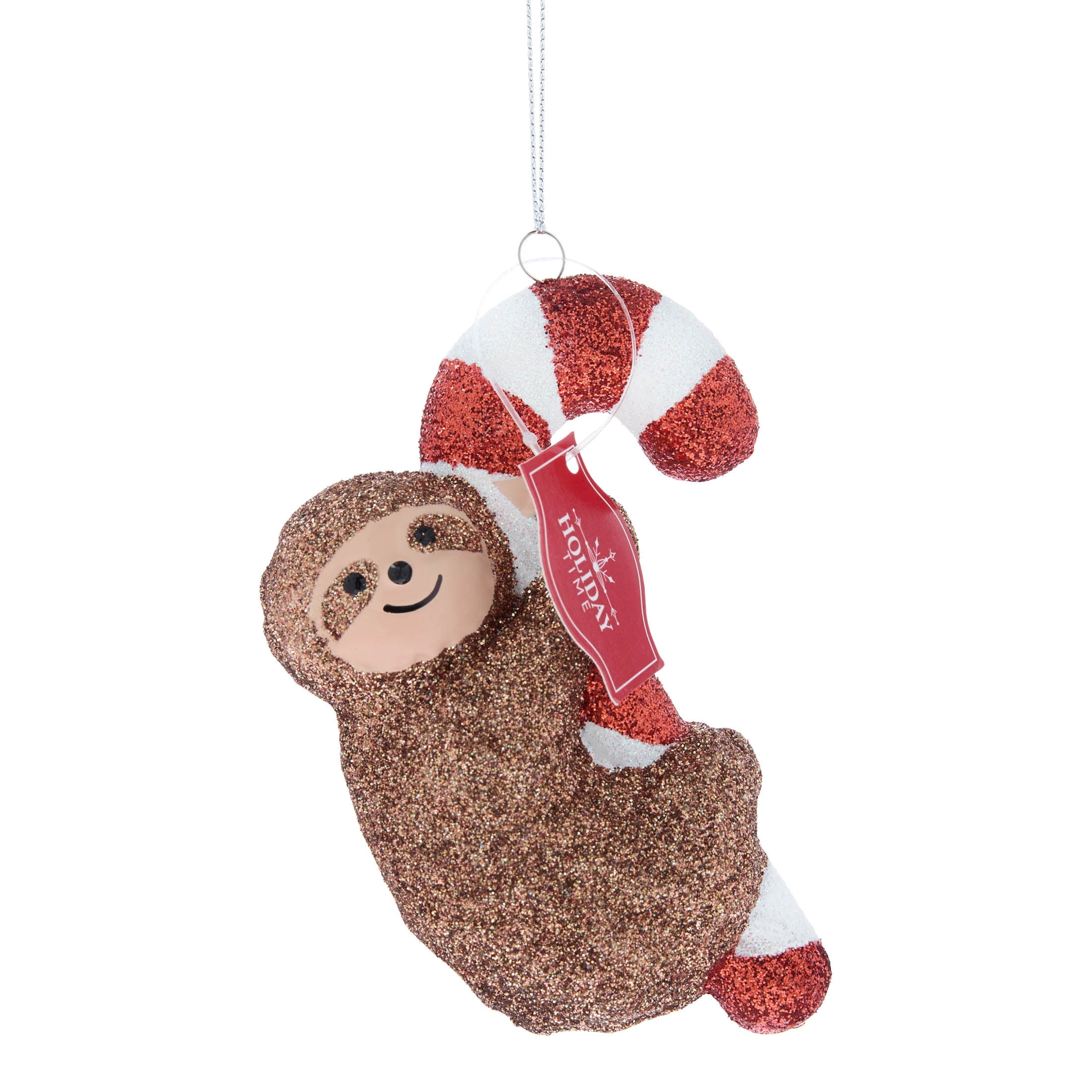 Brown/Red/White Glitter Sloth with Candy Cane Christmas Ornament, 4.3", by Holiday Time