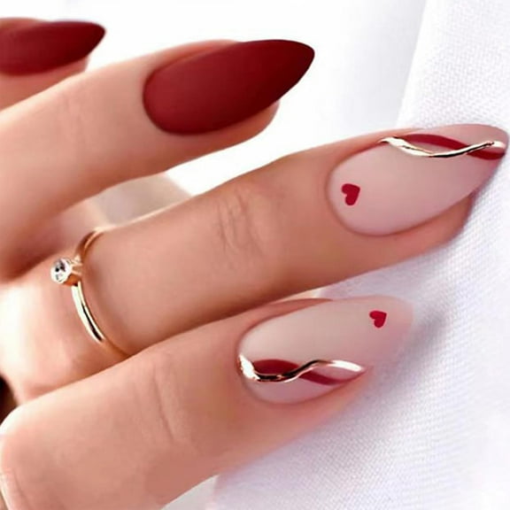24pcs Red Stiletto Acrylic Nails With Hearts Design - Almond Press on Medium Stick on Glossy Full Cover for Women Manicure Decor Multicolor 3 Ounce (Pack of 1)